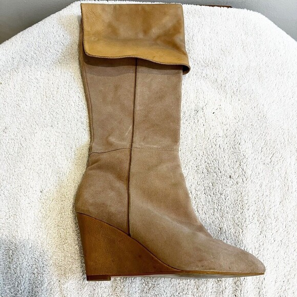 Zara Beige Suede Leather Wedge Tall Boot Women's 40 Heeled Fold Over Zipped - Picture 9 of 10